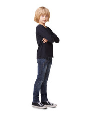 Little girl, portrait and standing arms crossed in confidence isolated on a transparent PNG...