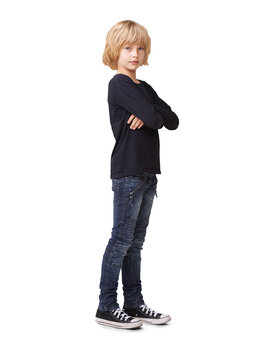 Little girl, portrait and standing arms crossed in confidence isolated on a transparent PNG background. Full body of serious and confident female person, teen or child posing in casual style fashion