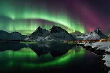 Fototapeta na wymiar Aurora Borealis over Lofoten. Generative AI