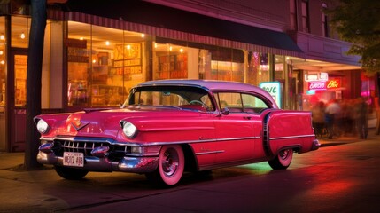 Retro Style Pink Vehicle Parked by Neon Light Snack Bar Generated by AI