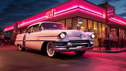 Retro Style Pink Vehicle Parked by Neon Light Snack Bar Generated by AI - obrazy, fototapety, plakaty