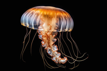 Translucent orange jellyfish close-up with delicate tendrils and vibrant hues. Mesmerizing details make jellyfish a symbol of grace in the ocean depths. Generative AI