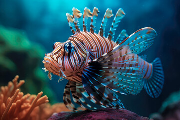 Obraz na płótnie Canvas Lionfish glides through the crystal-clear waters of a tropical sea. Generative AI
