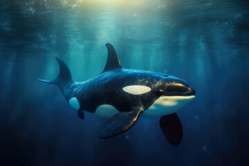 Orca killer whale gracefully moves beneath the surface of the ocean. Generative AI