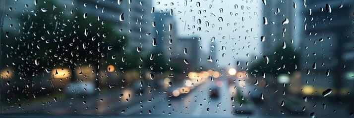 Macro Detail of Rain and Dew Drops on Smooth Glass with Sky and City Background Generated by AI