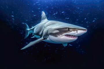 Fototapeta premium Shark glides through the water, showcasing its natural predatory instincts. Get a closer look at this awe-inspiring marine creature. Generative AI