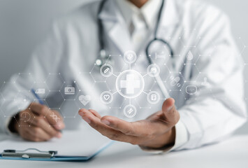 Health insurance concept. Doctor with plus signs and healthcare medical icon, health and access to welfare health concept.