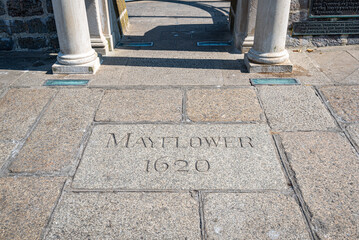 Mayflower steps engraved stone on Plymouth Barbican in Devon, UK