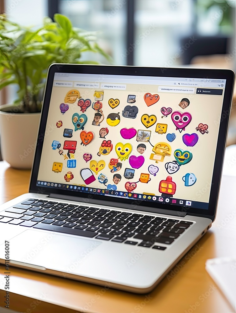 Poster communication with smiley and sticker messages on computer monitor generated by ai