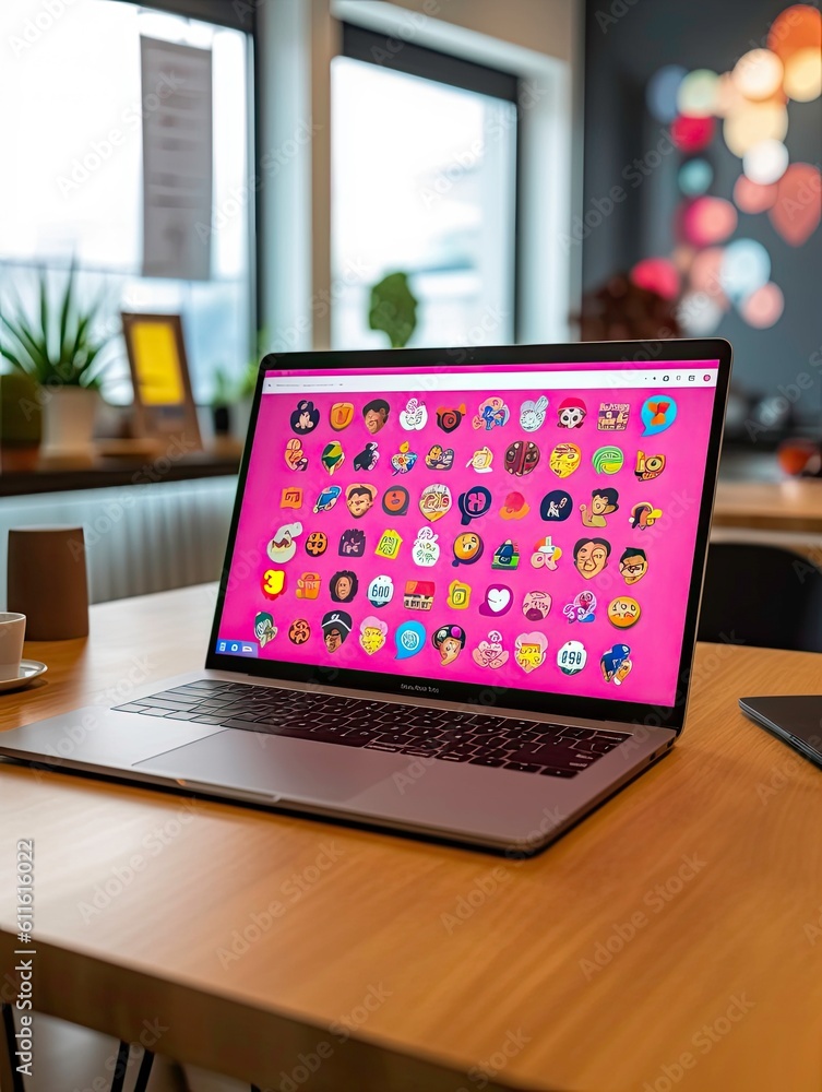 Poster communication with smiley and sticker messages on computer monitor generated by ai