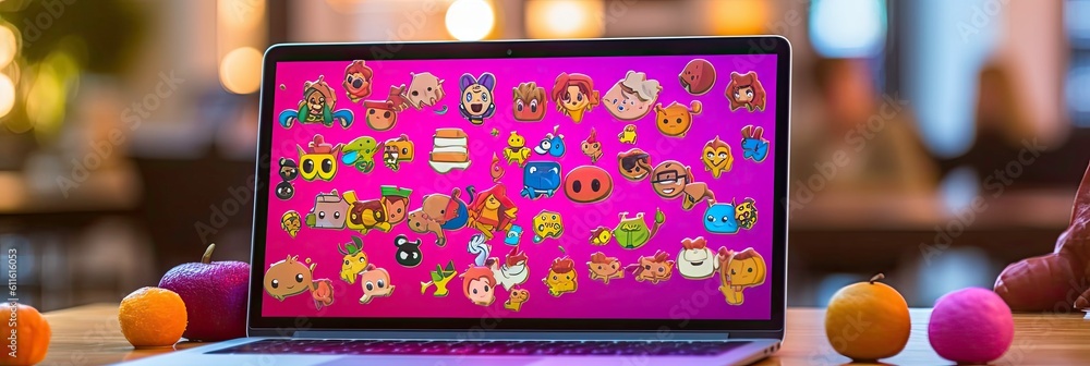 Poster communication with smiley and sticker messages on computer monitor generated by ai