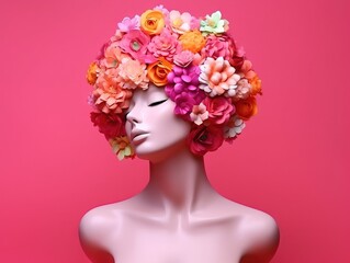woman in a floral crown on a pink background, style of conceptual sculptures