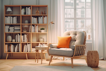 Scandinavian Bookshelf Next to an Armchair in a Cozy Modern Interior, Generative AI