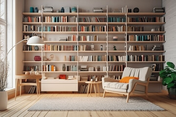 Scandinavian Bookshelf Next to an Armchair in a Cozy Modern Interior, Generative AI