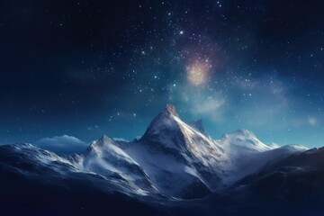 Fototapeta na wymiar Winter scene with a majestic mountain peak, a star-filled sky, nebula and comet. Generative AI