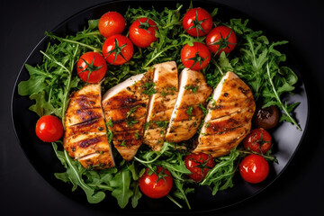Chicken breast fillet grilled and fresh vegetable green salad with arugula, tomatoes and olives on black background, healthy food, mediterranean diet, top view, Generative AI