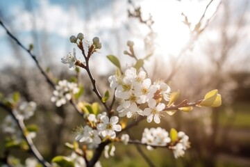 Fototapeta premium This photo captures the stunning beauty of spring with blooming cherry blossom trees. Generative AI