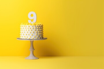 Birthday cake on a 9 years decorated with topper number nine on a yellow background in a minimalist style. Copy space. Generative AI - obrazy, fototapety, plakaty
