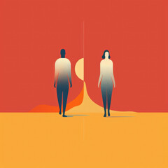 Two people walking in opposite directions ilrating the concept of social identity. Psychology art concept. AI generation - obrazy, fototapety, plakaty