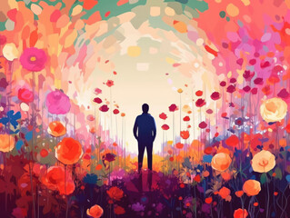 A person standing in a garden looking in awe at the vibrant colors of the flowers. Psychology art concept. AI generation