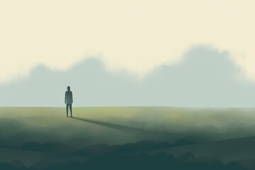 A person standing in the middle of a field of doubt with a fog of uncertainty growing around them. Psychology art concept. AI generation