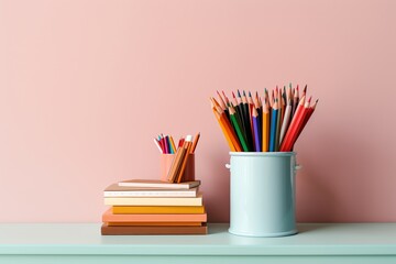 Back to school concept, backpack, books, pencils and other stationery on the table