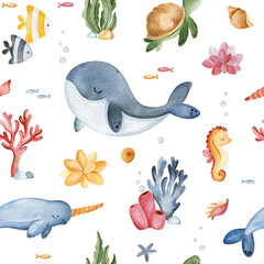 Cute seamless background with turtle,shells,fishes,narwhal,whale,seahorse and corals.Underwater collection.Perfect for baby shower,packaging,wallpaper,nursery,invitations,birthday,texture
