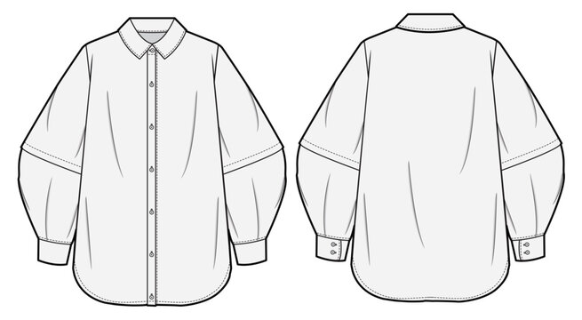 Women Baggy Long Sleeve Loose Fit Oversize Shirt  Front and Back View. Fashion Illustration, Vector, CAD, Technical Drawing, Flat Drawing, Template, Mockup.