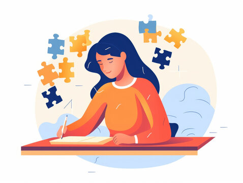 A student completing a jigsaw puzzle to practice goaloriented behavior and pattern recognition. Psychology art concept. AI generation
