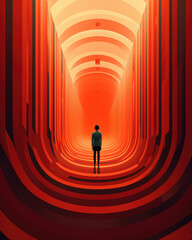 A person standing in an infinite loop of a hallway representing the endless cycle of traumatic memories Psychology art concept. AI generation