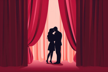 A person hiding behind a curtain spying on a couple in a romantic embrace. Psychology art concept. AI generation