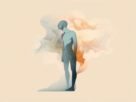 A person experiencing a somatic disorder is depicted as a figure with a detached wispy body ly contained by Psychology art concept. AI generation