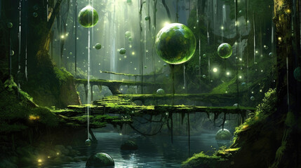 Crystalline orbs of luminescence hover over a lush and verdant forest their spectral Fantasy art concept. AI generation