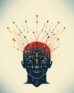 A person with a set of electrodes on their head analyzing the electrical signals coming from their brain. Psychology art concept. AI generation