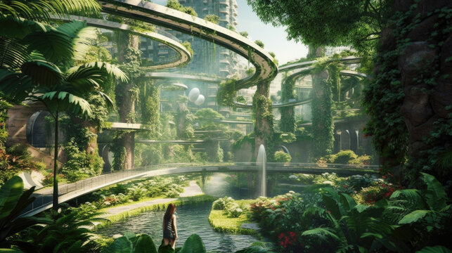 silhouette of woman standing near An abandoned green city Futuristic landscape with lake generative AI.