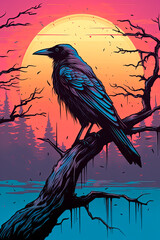 A black bird sitting on top of a tree branch. Raven. Generative AI