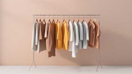 Wardrobe with clothes in the room, shelves and hangers. minimalism generated ai.
