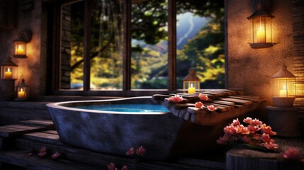 The interior of a beautiful relaxing spa bath with flowers and petals, candles. Self-care, unity, self-love. hotel generated ai.