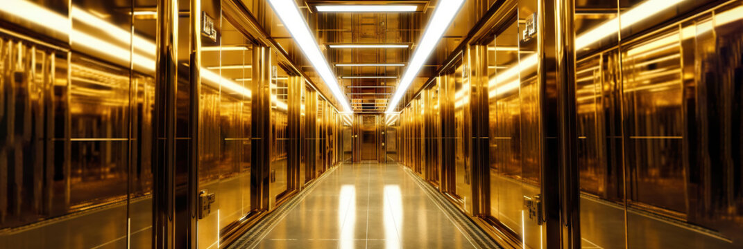 Gold corridor or hallway. Hall with golden wall, floor and ceiling. Generative AI based.
