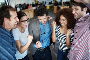 Teamwork, success or excited business people in celebration of sales goals, winning victory or...