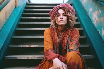 Fototapeta premium Vintage-inspired street photography shot capturing a woman seated on stairs, adorned with a triadic color scheme. Generative AI