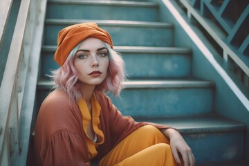 Vintage-inspired street photography shot capturing a woman seated on stairs, adorned with a triadic color scheme. Generative AI