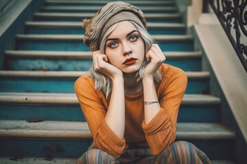 Fototapeta premium Vintage-inspired street photography shot capturing a woman seated on stairs, adorned with a triadic color scheme. Generative AI