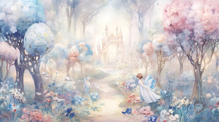 Fantasy fairy tale castle land land in a fantastic, realistic style. Digital artwork, concept illustration. For poster, wallpaper, video games background.