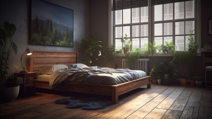 Interior of bedroom with cozy bed and houseplant on coffee table. 