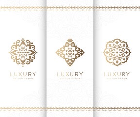 Set of golden mandala logos. Can be used for jewelry, beauty and fashion industry. Great for emblem, monogram, invitation, flyer, menu, brochure, background, or any desired idea.