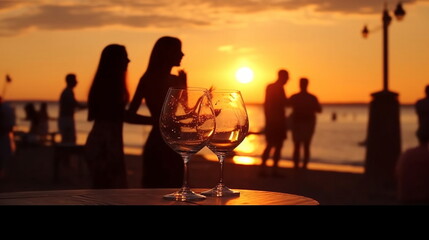 glass of wine on wooden table and people silhouette relax and dance at sunset on the promenade on sea beach ,generated ai - obrazy, fototapety, plakaty