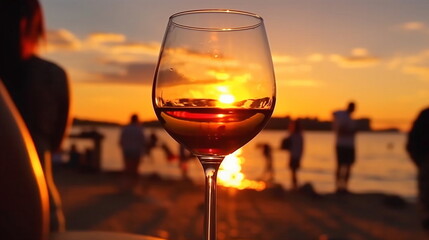 glass of wine on wooden table and people silhouette relax and dance at sunset on the promenade on sea beach ,generated ai