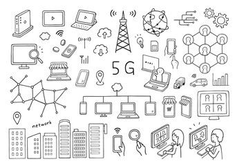 5G・ネットにまつわる手描きイラストセット（モノクロ）