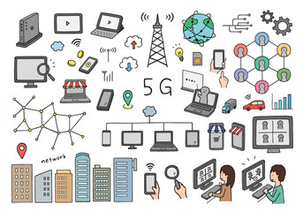 5G・ネットにまつわる手描きイラストセット（カラー）